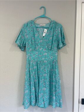 NWT LOFT aqua blue Floral Dress with Flutter Sleeves